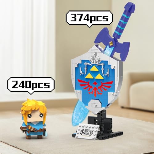 Mesiondy Legend Glowing Master Sword & Shield Building Set (614 Pcs) - Game Weapon Model with Link Figure